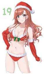  arisugawa_natsuha bare_shoulders bell bikini black_eyes blush breasts christmas cleavage collarbone earrings female gloves hand_on_own_hip hat highres idolmaster idolmaster_shiny_colors jewelry large_breasts long_hair navel orange_hair red_bikini red_gloves red_hat santa_bikini santa_costume santa_hat simple_background smile solo suke_(momijigari) swimsuit twitter_username white_background 