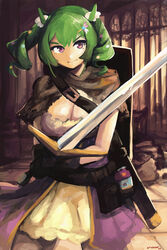  alternate_costume breasts brown_capelet capelet cleavage dress erodozer female floating_hair green_hair highres holding holding_sword holding_weapon ichika_maia indie_virtual_youtuber large_breasts purple_dress purple_eyes shield short_hair smile solo sword twintails v-shaped_eyebrows virtual_youtuber weapon white_dress 