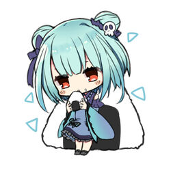  animal bare_shoulders blue_dress blue_hair blue_sleeves blush_stickers bow bug butterfly chibi commentary_request detached_sleeves double_bun dress eyebrows_hidden_by_hair female food food_on_face frilled_dress frills full_body green_hair hair_bun hair_ornament hairbow highres holding holding_food hololive koga_rejini long_sleeves onigiri oversized_food oversized_object purple_bow red_eyes rice rice_on_face short_dress short_hair simple_background skull_hair_ornament sleeveless sleeveless_dress solo standing uruha_rushia uruha_rushia_(1st_costume) virtual_youtuber white_background wide_sleeves 