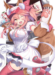  ;d animal_ear_fluff animal_ears animal_hands bell blush bow breasts collar dress fate/extra fate/grand_order fate_(series) female fox_ears fox_girl fox_tail gloves hair_between_eyes hairbow jingle_bell large_breasts long_hair looking_at_viewer neck_bell neko_daruma one_eye_closed open_mouth parfait paw_gloves pink_hair pink_thighhighs ponytail puffy_short_sleeves puffy_sleeves red_bow roller_skates short_sleeves sidelocks skates smile solo tail tamamo_(fate) tamamo_cat_(fate) tamamo_cat_(lostroom_outfit)_(fate) thighhighs tray visor_cap white_dress yellow_eyes 