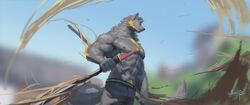  abs anthro awaldkize blurred_background bottomwear canid canine canis cheek_tuft clothed clothing facial_tuft fur grey_body grey_bottomwear grey_clothing grey_fur grey_pants head_tuft hi_res holding_melee_weapon holding_object holding_sword holding_weapon male mammal melee_weapon mouth_closed muscular muscular_anthro muscular_male neck_tuft nipples pants pecs signature solo standing sword three-quarter_view topless tuft weapon wolf yellow_eyes 