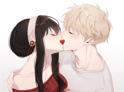  1boy aoirnn artist_name bare_shoulders black_hair blonde_hair blush censored closed_eyes collarbone commentary couple earrings english_commentary female hairband hand_on_another&#039;s_shoulder heart heart_censor highres jewelry kissing off_shoulder red_sweater shirt sidelocks simple_background spy_x_family straight sweater twilight_(spy_x_family) white_background white_shirt yor_briar 