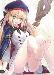  aesc_(fate) bad_feet barefoot belt beret black_gloves blonde_hair blue_cape blue_hat blush breasts buttons cape double-breasted dress fate/grand_order fate_(series) feet female foot_focus foreshortening gloves green_eyes hat highres hood hooded_cape long_hair long_sleeves looking_at_viewer multicolored_cape multicolored_clothes neko_daruma no_legwear red_cape small_breasts soles solo toes twintails white_dress 