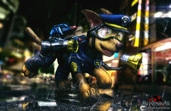  canid canine canis chase_(paw_patrol) city city_background claws clothing collar domestic_dog eyewear feral gadgets german_shepherd goggles hat headgear headwear herding_dog hi_res male mammal megaphone metadragonart night outside pastoral_dog paw_patrol police police_dog police_hat police_uniform raining solo uniform 