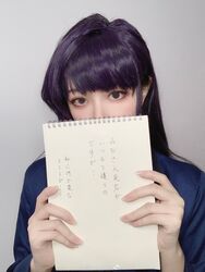  absurdres blazer chinese_commentary cosplay cosplay_photo covering_face expressionless eye_focus female highres holding holding_notepad jacket komi-san_wa_komyushou_desu komi_shouko long_hair looking_at_viewer notepad oreki_issa photo_(medium) portrait purple_hair reversed solo translated weibo_watermark 