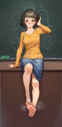  bare_legs barefoot beeeeen blush breasts brown_eyes brown_hair collarbone denim denim_skirt feet female foot_focus full_body highres kawakami_sadayo legs medium_breasts persona persona_5 shirt short_hair sitting skirt smell smile soles solo spread_toes steaming_body striped_clothes striped_shirt sweat toenails toes yellow_shirt 