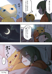  absurdres bed drooling female green_eyes green_hair hair_down highres holding holding_stuffed_animal igarashi_futaba_(shiromanta) medium_hair moon night orange_hoodie senpai_ga_uzai_kouhai_no_hanashi shiromanta sleeping stuffed_animal stuffed_cat stuffed_toy 