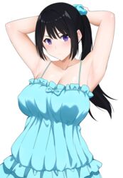  absurdres alternate_breast_size arind_yudha armpits arms_up blue_dress breasts closed_mouth collarbone dress female frilled_dress frills hibike!_euphonium high_ponytail highres kousaka_reina large_breasts purple_eyes simple_background solo spaghetti_strap tying_hair upper_body white_background 