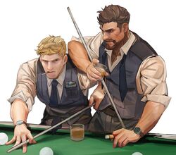  2boys ball beard billiard_ball black_hair blonde_hair blue_vest cigarette closed_mouth cue_stick cup facial_hair highres holding holding_cigarette holding_cue_stick holding_cup male_focus multiple_boys necktie nez overwatch overwatch_1 pool_table reaper_(overwatch) shirt short_hair soldier:_76_(overwatch) table vest watch white_shirt wristwatch 