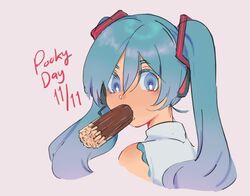  aqua_eyes aqua_hair commentary dated english_text female food food_in_mouth gentlemen_(meme) goldfishu grey_background hair_ornament hatsune_miku highres long_hair looking_at_viewer looking_back meme microphone pocky pocky_day shirt simple_background sleeveless sleeveless_shirt solo too_many_in_mouth twintails upper_body vocaloid 