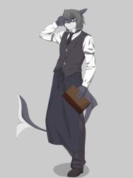  3:4 anthro black_body blue_eyes bottomwear clothed clothing fish grey_hair hair holding_object male marine pants q_wed shark simple_background smile solo white_body 