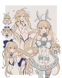  ahoge animal_ears apron artoria_caster_(fate) artoria_caster_(swimsuit)_(fate) artoria_caster_(swimsuit)_(first_ascension)_(fate) artoria_caster_(swimsuit)_(second_ascension)_(fate) artoria_caster_(swimsuit)_(third_ascension)_(fate) artoria_pendragon_(fate) asymmetrical_legwear bare_shoulders bikini blonde_hair blue_bow blue_dress blue_one-piece_swimsuit blue_ribbon blue_thighhighs blush bow bow_legwear breasts casual_one-piece_swimsuit checkered_thighhighs chibi cleavage criss-cross_halter cropped_legs detached_sleeves dress dress_bow fake_animal_ears fate/grand_order fate_(series) female frilled_apron frills frown green_eyes hairband hairbow halterneck highres long_hair long_sleeves looking_at_viewer mismatched_legwear multiple_views navel note_nii official_alternate_costume one-piece_swimsuit open_mouth puffy_short_sleeves puffy_sleeves rabbit_ears ribbon scrunchie short_sleeves simple_background small_breasts star_(symbol) stomach striped_clothes striped_thighhighs swimsuit thighhighs twintails two-tone_thighhighs vertical-striped_clothes vertical-striped_thighhighs very_long_hair waist_apron white_bikini white_thighhighs wrist_scrunchie wristband x_arms 