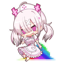  :d @_@ ahoge apron bandaged_arm bandages big_head breasts censored chibi collared_dress commentary_request dress fangs female frilled_dress frills grey_hair hair_between_eyes hair_ornament hand_up hat highres holding holding_syringe koga_rejini looking_at_viewer medium_breasts mole mole_under_eye mosaic_censoring nijisanji nurse_cap open_mouth pink_dress pink_eyes rainbow_order smile solo sukoya_kana sukoya_kana_(1st_costume) sweat syringe twintails virtual_youtuber white_apron white_background white_hat wrist_cuffs x_hair_ornament 