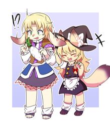  !? +++ 2girls absurdres animal_ear_fluff animal_ears ankle_socks apron arm_warmers black_headwear black_shirt black_skirt black_vest blonde_hair bow braid brown_shirt brown_tail closed_eyes commentary_request cookie_(touhou) daikon ears_through_headwear flat_chest fox_ears fox_girl fox_tail frilled_apron frills full_body furrification furry furry_female green_eyes hairbow hat hat_bow highres inabahitomi joker_(cookie) kirisame_marisa loose_socks mizuhashi_parsee multiple_girls oerba_yun_fang open_mouth parted_bangs pawpads pointy_ears rabbit_ears rabbit_girl radish red_bow shirt short_hair short_sleeves side_braid single_braid skirt smile socks star_(symbol) surprised suzu_(cookie) tail touhou undershirt vest waist_apron white_apron white_bow white_socks witch_hat yellow_tail 