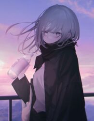  bag black_coat bottle closed_mouth coat female floating_hair grey_hair highres holding holding_bottle looking_at_viewer migihidari_(puwako) original outdoors plastic_bag purple_eyes railing shirt solo sunset water_bottle white_shirt 