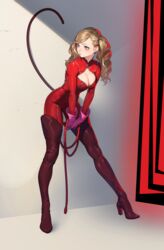  absurdres beeeeen blonde_hair blue_eyes bodysuit boots breasts cat_tail cleavage fake_tail female full_body high_heel_boots high_heels highres holding holding_weapon holding_whip large_breasts leaning_forward legs_apart long_hair parted_lips persona persona_5 red_bodysuit red_thighhighs solo standing tail takamaki_anne thigh_boots thighhighs twintails v_arms weapon whip zipper zipper_pull_tab 