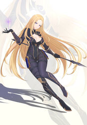  absurdres alpha_(kage_no_jitsuryokusha_ni_naritakute!) arm_at_side baige0 blonde_hair bodysuit breasts center_opening chinese_commentary cleavage closed_mouth covered_navel female forehead full_body gauntlets gold_trim hand_up highres holding holding_polearm holding_weapon kage_no_jitsuryokusha_ni_naritakute! knees_together_feet_apart large_breasts legs long_hair looking_at_viewer polearm purple_eyes shadow simple_background smile solo thigh_gap thigh_strap thighs v-shaped_eyebrows weapon white_background 