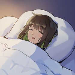  blush brown_hair closed_eyes colored_inner_hair female miru_(ormille) multicolored_hair open_mouth original ormille pillow sleeping solo under_covers 