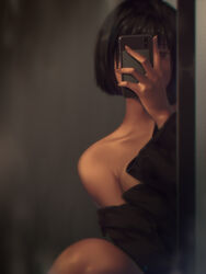  a.x. absurdres bare_shoulders black_hair blunt_bangs breasts cellphone collarbone commentary_request detached_sleeves female highres holding holding_phone knee_up large_breasts long_sleeves looking_at_viewer mirror mixed-language_commentary original phone redrawn reflection selfie short_hair sitting smartphone solo strapless taking_picture 