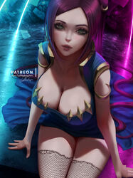  artist_name blue_dress breasts cleavage commentary dress english_commentary female fishnet_thighhighs fishnets green_eyes large_breasts league_of_legends legs_together lolliedrop long_hair looking_at_viewer paid_reward_available parted_lips patreon_username purple_hair signature sitting sleeveless sleeveless_dress solo sona_(league_of_legends) thighhighs very_long_hair web_address 