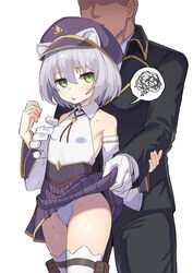  1boy absurdres animal_ears bare_shoulders black_jacket breasts cat_ears chitose_(mist_train_girls) clothes_lift commentary_request commission detached_sleeves ears_through_headwear faceless faceless_male female gloves grabbing grabbing_from_behind green_eyes grey_hair hand_up highleg highleg_panties highres jacket lifting_another&#039;s_clothes long_sleeves medium_hair mist_train_girls nipple_push nipple_stimulation panties parted_lips petite pouch purple_headwear simple_background skeb_commission skirt skirt_lift small_breasts spoken_squiggle squiggle standing straight sweat thigh_pouch thigh_strap thighhighs underwear wagashi_(dagashiya) white_background white_gloves white_panties white_thighhighs wide_sleeves wing_collar 