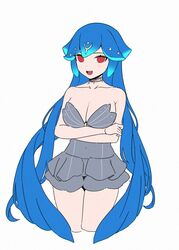  :d bad_id bad_twitter_id bao_(vtuber) bao_(vtuber)_(1st_costume) blue_hair blush breasts cleavage cowboy_shot cropped_legs crossed_arms dot_nose dress female grey_dress indie_virtual_youtuber large_breasts long_hair looking_at_viewer open_mouth red_eyes short_dress simple_background siun smile solo standing very_long_hair virtual_youtuber white_background 