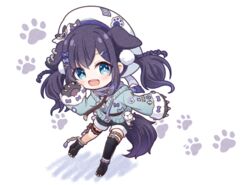  :d aiba_uiha aiba_uiha_(2nd_costume) animal_ears animal_hands beret black_footwear black_gloves black_hair black_shorts black_thighhighs blue_eyes blue_jacket blush boots bow braid chibi commentary_request female full_body fur-trimmed_sleeves fur_trim gloves hair_ornament hairbow hairclip hat jacket kadose_ara kemonomimi_mode long_hair long_sleeves mole mole_under_eye nijisanji open_mouth paw_gloves paw_shoes purple_bow short_shorts shorts single_thighhigh sleeves_past_wrists smile solo tail teeth thighhighs thighhighs_under_boots twin_braids twintails upper_teeth_only virtual_youtuber white_background white_hat x_hair_ornament 