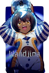  arms_up black_hair blue_bodysuit blue_hair blush body_markings bodysuit breasts brown_eyes cleavage_cutout clothing_cutout echo_(circa) fate/grand_order fate_(series) female fishbowl_helmet glowing glowing_hair koala long_sleeves looking_at_viewer multicolored_hair navel navel_cutout open_mouth short_hair small_breasts smile solo streaked_hair two-tone_bodysuit wandjina_(fate) wandjina_(fate)_(first_ascension)_(fate) white_bodysuit 