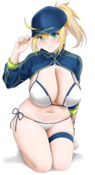  absurdres ahoge arind_yudha artoria_pendragon_(fate) baseball_cap bikini blonde_hair blue_eyes blue_hat blue_jacket blush breasts cleavage cropped_jacket fate/grand_order fate_(series) female grin hair_between_eyes hair_through_headwear hat highres jacket kneeling large_breasts long_hair long_sleeves looking_at_viewer mysterious_heroine_xx_(fate) navel ponytail shrug_(clothing) sidelocks smile solo swimsuit thighs white_bikini wristband 