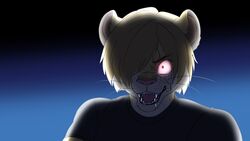  16:9 2023 4k absurd_res alternate_species anthro beastars blonde_hair bodily_fluids capcom drooling felid fizzy-dog glowing glowing_eyes hair hair_over_eye hi_res infection leon_kennedy lion male mammal one_eye_obstructed pantherine parody red_eyes resident_evil saliva sharp_teeth solo teeth widescreen 