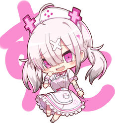  :d ahoge apron bandaged_arm bandages big_head breasts chibi collared_dress commentary_request dress fangs female frilled_dress frills grey_hair hair_between_eyes hair_ornament hand_up hat highres holding holding_syringe koga_rejini long_hair looking_at_viewer medium_breasts mole mole_under_eye nijisanji nurse_cap open_mouth pink_dress pink_eyes smile solo sukoya_kana sukoya_kana_(1st_costume) syringe teeth text_background translation_request twintails upper_teeth_only virtual_youtuber white_apron white_background white_hat wrist_cuffs x_hair_ornament 