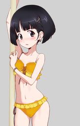  bikini black_hair blue_eyes blunt_bangs blunt_ends blush bracelet breasts collarbone earrings female frilled_bikini frills girls_und_panzer grey_background groin hair_ornament hairclip jewelry kayabakoro lace-up_top looking_at_viewer navel open_mouth pole shiny_skin short_hair side-tie_bikini_bottom simple_background skinny small_breasts solo sono_midoriko swimsuit thighs yellow_bikini 