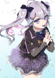  black_bow black_capelet blue_hair bow capelet female gradient_hair hairbow highres looking_at_viewer looking_up multicolored_hair nijisanji nijisanji_kr nonko_(osaka_na_man) nun_bora nun_bora_(3rd_costume) open_mouth own_hands_together plaid plaid_skirt purple_eyes purple_skirt skirt smile solo star_(symbol) twintails virtual_youtuber 