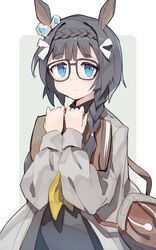  animal_ears bag black-framed_eyewear black_hair blue_eyes braid commentary crown_braid female glasses highres horse_ears horse_girl long_hair long_sleeves looking_at_viewer shone shoulder_bag side_braid simple_background solo tareme umamusume zenno_rob_roy_(umamusume) 