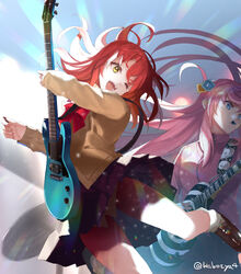  2girls black_skirt blue_eyes bocchi_the_rock! bow bowtie breasts brown_footwear cardigan closed_mouth cube_hair_ornament electric_guitar gibson_les_paul gotoh_hitori guitar hair_ornament highres holding holding_plectrum instrument jacket jumping kabocha_(monkey4) kita_ikuyo loafers long_hair long_sleeves multiple_girls music one_eye_closed one_side_up open_mouth pink_hair playing_instrument plectrum plectrum_in_mouth red_hair shoes sidelocks skirt small_breasts smile socks track_jacket twitter_username white_socks yellow_eyes 