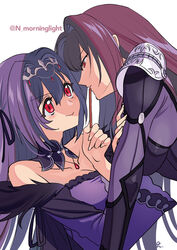  2girls absurdres armor asakou_(n_morninglight) bad_id bad_pixiv_id bare_shoulders blush bodysuit breasts cleavage commentary_request detached_collar dress fate/grand_order fate_(series) feather_trim food hair_between_eyes highres jewelry large_breasts long_hair long_sleeves multiple_girls pauldrons pendant pocky pocky_day purple_bodysuit purple_dress purple_hair red_eyes scathach_(fate) scathach_skadi_(fate) shoulder_armor smile tiara yuri 