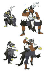  1boy absurdres black_headband bright_pupils clenched_hands closed_mouth commentary_request creature_and_personification dark-skinned_female dark-skinned_male dark_skin female fighting_stance gloves grey_hair headband highres jar_pikapika knees korean_commentary legs_apart mars_symbol oerba_yun_fang partially_fingerless_gloves personification pokemon pokemon_(creature) sash skin_fang squatting standing standing_on_one_leg toes two-tone_gloves urshifu venus_symbol white_headband 