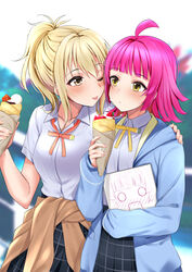  2girls absurdres ahoge blonde_hair blue_hoodie blunt_bangs blunt_ends bow bowtie brown_cardigan cardigan clothes_around_waist collared_shirt commentary couple cream cream_on_face crepe dress_shirt food food_on_face food_wrapper gyaru highres hood hoodie imminent_kiss jacket jacket_around_waist kitaku_(nakamachi_machi) long_sleeves love_live! love_live!_nijigasaki_high_school_idol_club medium_hair miyashita_ai multiple_girls neck_ribbon nijigasaki_school_uniform orange_eyes pink_hair red_bow red_bowtie ribbon rina-chan_board school_uniform shirt short_hair short_ponytail sidelocks sketchbook sleeves_past_fingers sleeves_past_wrists tennoji_rina tongue tongue_out white_shirt yellow_bow yellow_bowtie yellow_eyes yuri 