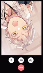  1boy :o black_gloves chiro_(chi-bu-ko) fake_phone_screenshot fake_screenshot gloves highres index_finger_raised japanese_clothes male_focus partially_fingerless_gloves touken_ranbu tsurumaru_kuninaga upper_body upside-down video_call white_hair yellow_eyes 