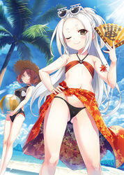  2girls absurdres ass_visible_through_thighs ball bare_arms bare_shoulders beach beachball bikini black_bikini black_one-piece_swimsuit blue_sky blush braid breasts brown_eyes casual_one-piece_swimsuit closed_mouth cloud coconut_tree collarbone commentary_request cura day denshahime eyewear_on_head feet_out_of_frame flat_chest folding_fan forehead glasses groin hair_ornament hairclip half_updo halterneck hand_fan hat highres hiyoko_(maitetsu) holding holding_ball holding_beachball holding_fan leaf_print light_rays long_hair looking_at_viewer maitetsu medium_breasts multiple_girls navel ocean official_art one-piece_swimsuit one_eye_closed outdoors palm_tree pink_hair red_bikini round_eyewear sarong short_hair sidelocks sky smile standing straw_hat sun_hat sunbeam sunglasses sunlight swimsuit thick_eyebrows thighs thong_bikini tree very_long_hair white-framed_eyewear white_hair 