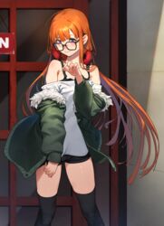  absurdres armpit_crease armpit_hold beeeeen black_tank_top black_thighhighs blurry blurry_background blush breasts candy closed_mouth collarbone eyelashes feet_out_of_frame female food fur-trimmed_jacket fur_trim glasses green_jacket hand_up headphones headphones_around_neck highres holding holding_candy holding_food holding_lollipop jacket lollipop long_hair micro_shorts off-shoulder_shirt off_shoulder orange_hair outdoors persona persona_5 purple_eyes sakura_futaba shadow shirt shorts sidelocks small_breasts smile solo standing tank_top thighhighs thighs 