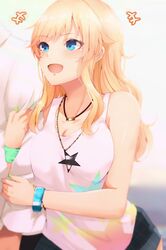  1boy arm_grab bare_arms bare_shoulders black_shorts blonde_hair blue_eyes blush breasts cleavage collarbone commentary_request female green_nails highres idolmaster idolmaster_cinderella_girls jewelry large_breasts long_hair looking_at_viewer nail_polish necklace ohtsuki_yui open_mouth ryuu. shirt short_shorts shorts sleeveless sleeveless_shirt smile solo_focus star_(symbol) wavy_hair white_background yellow_nails 