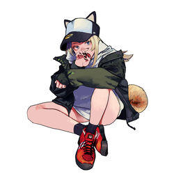  animal_ears bad_id bad_twitter_id baseball_cap black_jacket blonde_hair blue_eyes brown_hair dog_ears dog_tail female full_body hat highres hood hood_down hoodie jacket ken_sogen kmnz long_hair long_sleeves looking_at_viewer mc_lita red_footwear shoes simple_background sitting sneakers solo tail virtual_youtuber white_background 