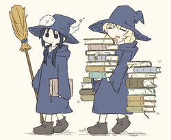  2girls alternate_costume beige_background black_eyes black_hair blonde_hair book book_stack broom chito_(shoujo_shuumatsu_ryokou) closed_eyes commentary creature floating full_body hat holding levitation long_hair long_sleeves multiple_girls nuko_(shoujo_shuumatsu_ryokou) robe shoes shoujo_shuumatsu_ryokou simple_background tm_(utfp3372) walking witch witch_hat yuuri_(shoujo_shuumatsu_ryokou) 