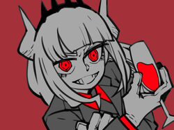  alcohol blood collared_shirt cup demon_girl demon_horns drinking_glass female formal gloves grin happy helltaker horns korean_commentary limited_palette long_hair looking_at_viewer lucifer_(helltaker) mole mole_under_eye necktie red_background red_eyes red_shirt ringed_eyes shirt simple_background smile solo suit twoj upper_body white_hair white_horns wine wine_glass 