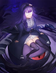  black_footwear black_headband black_thighhighs blunt_bangs breasts covered_eyes dodo_(extraordinary_ones) dress drill_hair drill_sidelocks eyeball eyeball_hair_ornament female headband highres hijinrui_gakuen long_hair medium_breasts monster one-eyed purple_hair red_eyes sidelocks sitting solo suiseki thighhighs zettai_ryouiki 