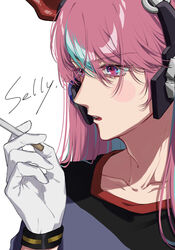  black_shirt blue_hair blue_shirt blush character_name cigarette collarbone crazy_raccoon fake_horns female gloves highres holding holding_cigarette horns multicolored_hair nonko_(osaka_na_man) open_mouth pink_eyes pink_hair selly55 shirt solo streaked_hair two-tone_shirt white_background white_gloves 