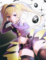  bad_id bad_pixiv_id black_gloves black_headband black_shirt black_thighhighs blonde_hair dark_jewel diamond_(shape) diamond_hair_ornament female finger_to_mouth fishnet_thighhighs fishnets gloves grey_background guardian_chara headband highres hoshina_utau long_hair midriff_peek multicolored_background purple_eyes shirt short_shorts shorts shugo_chara! shushing solo thighhighs thighs twintails usanta white_background x-egg_(shugo_chara!) 