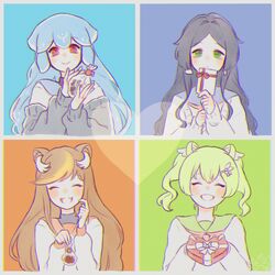  4girls ^_^ absurdres animal_ears asahina_chie bao_(vtuber) black_hair blue_hair blush box brown_hair closed_eyes english_commentary fubkzm green_eyes green_hair grey_sweater hazumi_aileen heart heart-shaped_box highres holding holding_box ichika_maia indie_virtual_youtuber lion_ears lion_girl long_hair multiple_girls neckerchief off_shoulder pink_neckerchief red_eyes school_uniform serafuku sweater twintails virtual_youtuber 