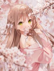  bare_shoulders cherry_blossoms commentary female green_eyes hair_between_eyes hair_ribbon highres long_hair looking_at_viewer off-shoulder_sweater off_shoulder original ribbon solo sweater symbol-only_commentary weri 